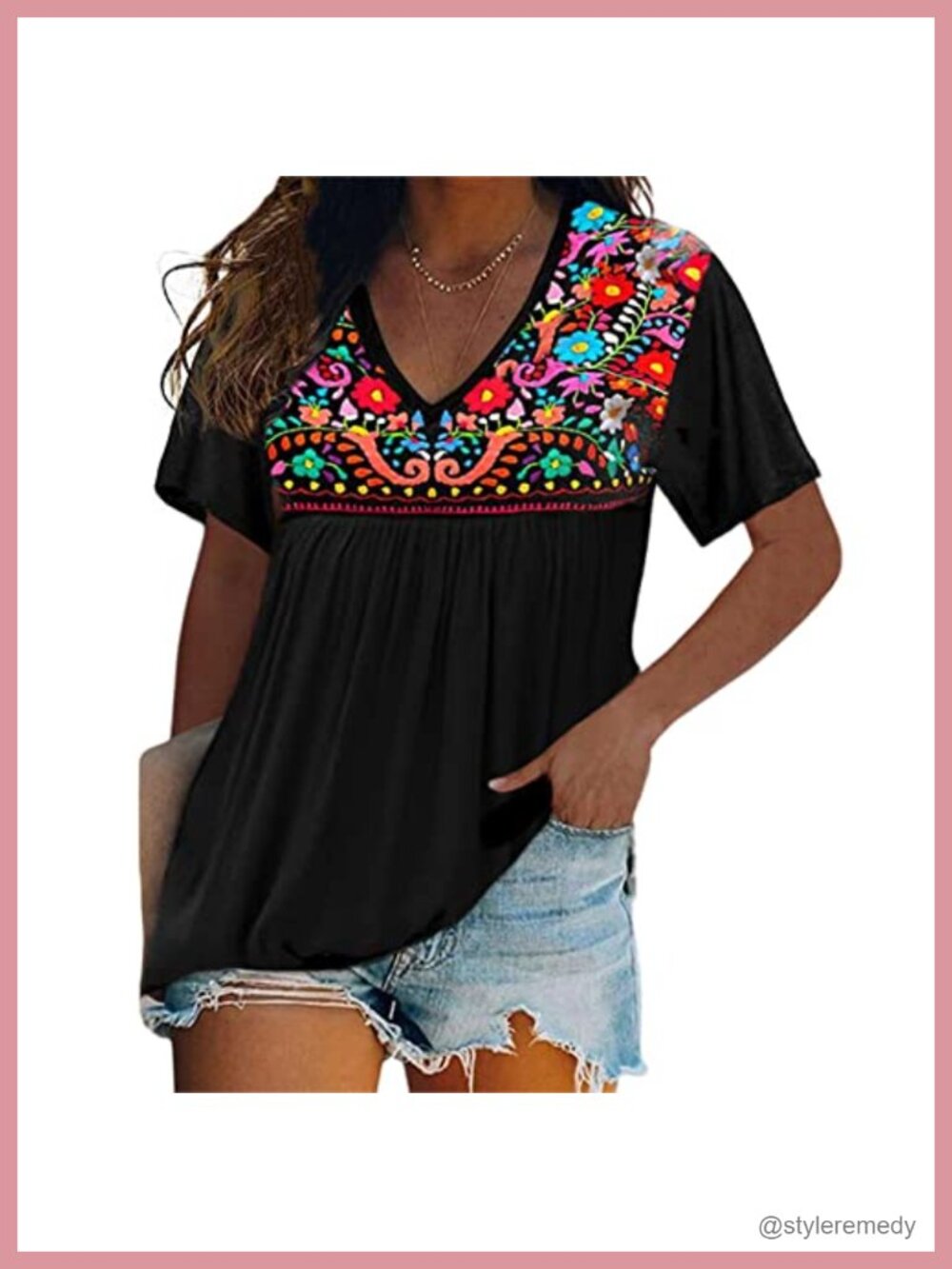 Melliflo Womens Short Sleeve Floral Embroidered Peasant Tunic Top